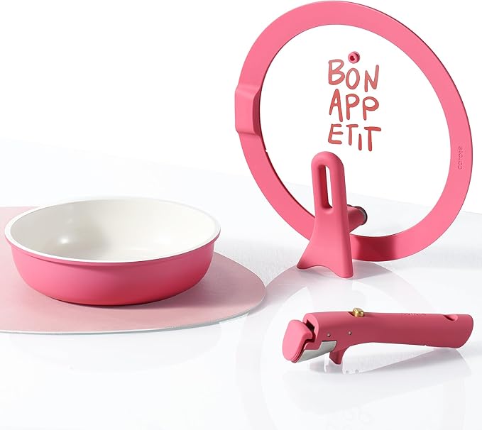 CAROTE Ceramic Pots and Pans Set Non Stick, Nonstick Kitchen Cookware Sets with Lid, Detachable Handle Sauté Pan Set, Non Toxic Frying Pan, Oven Safe, Induction Ready, Pink