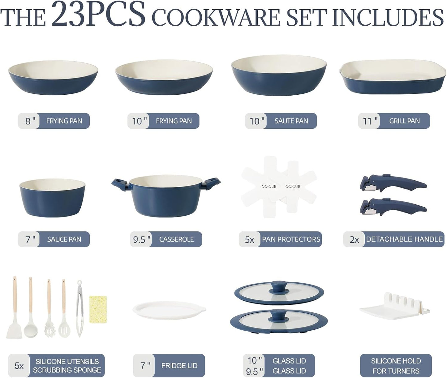 23Pcs Ceramic Cookware Set Non Stick Pots and Pans Set Non Toxic with Detachable Handle Induction Kitchen Cookware Set Space Saving, Oven & Dishwasher Safe, Navy
