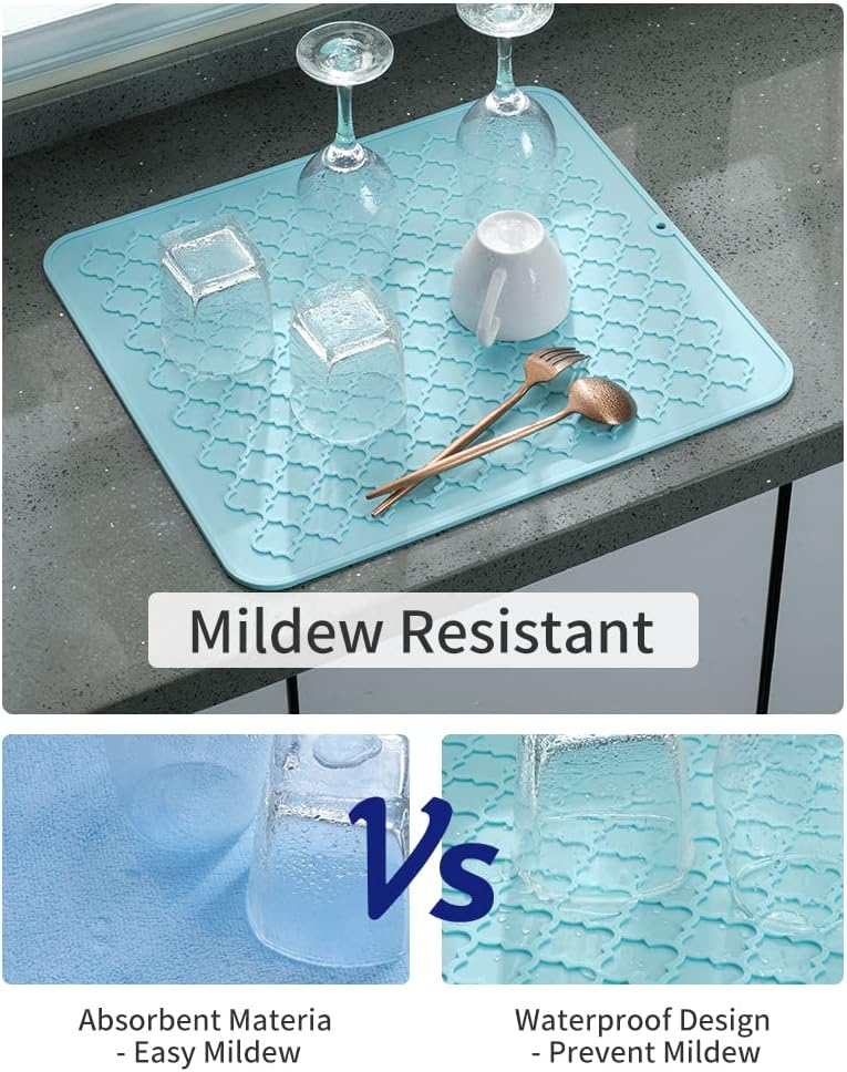 AMOAMI Dish Drying Mat,Heat-resistant,Easy Clean,Silicone Dish Drying Mats for kitchen Counter,Kitchen Gadgets Kitchen Accessories Kitchen Small Appliances (16" x 18", LIGHT BLUE)