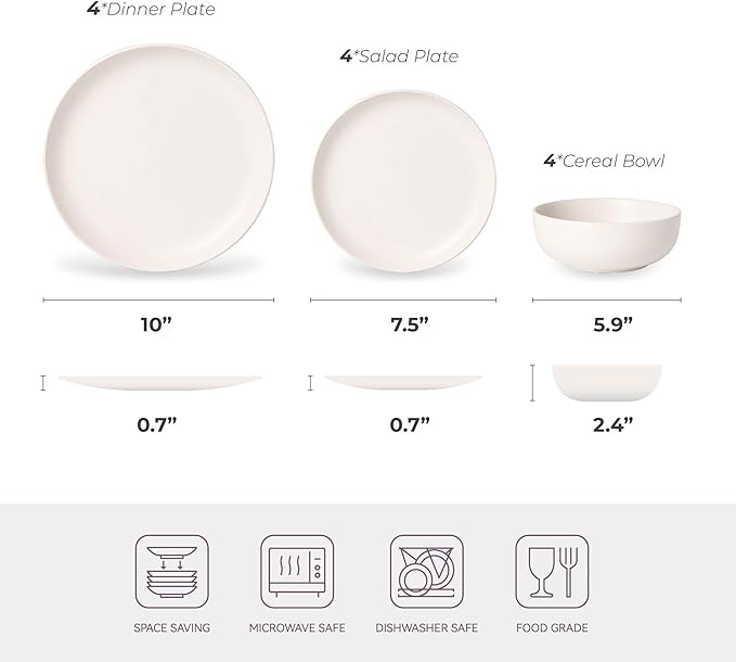 12-Piece Matte White Dinnerware Set,Stoneware Dinnerware for 4, Microwave & Dishwasher Safe, Stackable Design for Kitchen and Dining - Plates and Bowls