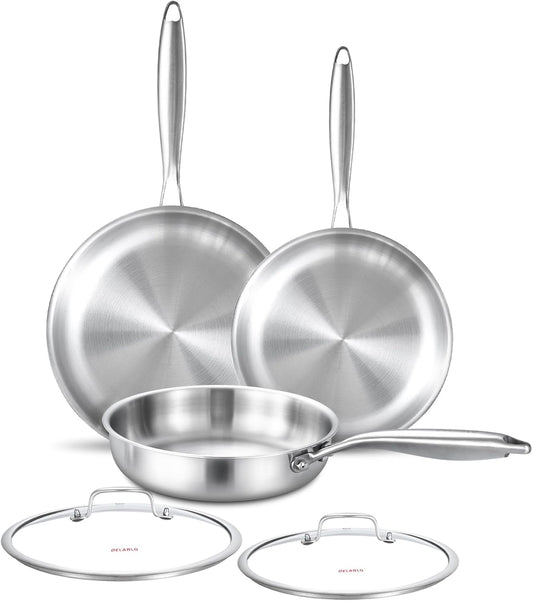 DELARLO Tri-ply Stainless Steel Frying Pan Set with Lid 8"10"12" Induction large Skillets Chef's Pan,Pots and Pans Set Kitchen Cookware Set Suitable for All Stove