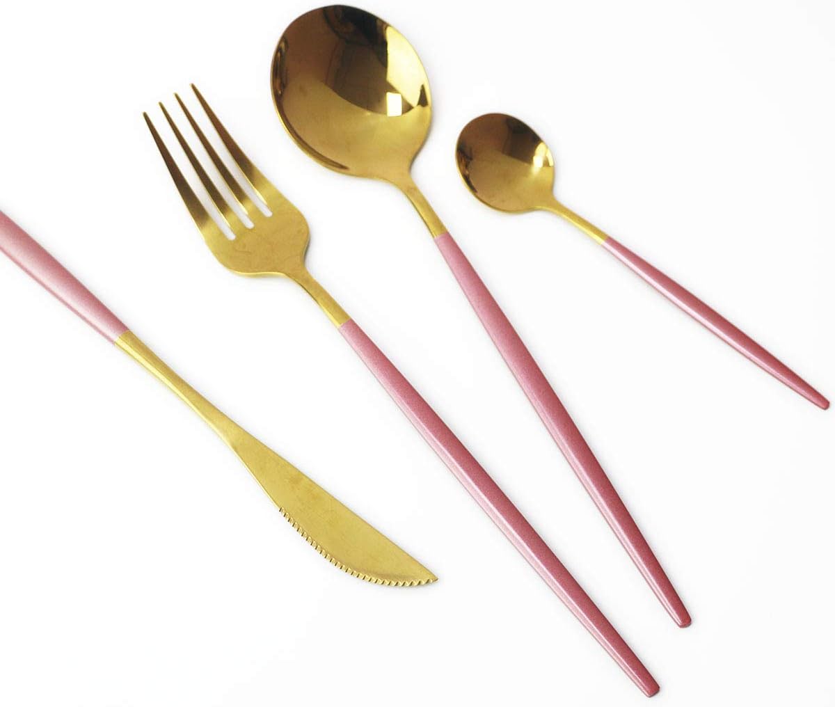 Gugrida 24-Piece Silverware Set - 18/10 Stainless Steel Reusable Utensils Forks Spoons Knives Set, Mirror Polished Cutlery Flatware Set, Great for Family Gatherings & Daily Use (6 set, Pink Handle)