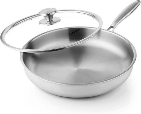 12 Inch Stainless Steel Frying Pan with Lids, Healthy Stainless Steel Skillet, Works on Induction, Ceramic and Gas Cooktops, PFOA Free Cookware, Dishwasher and Oven Safe, Stay-Cool Handle