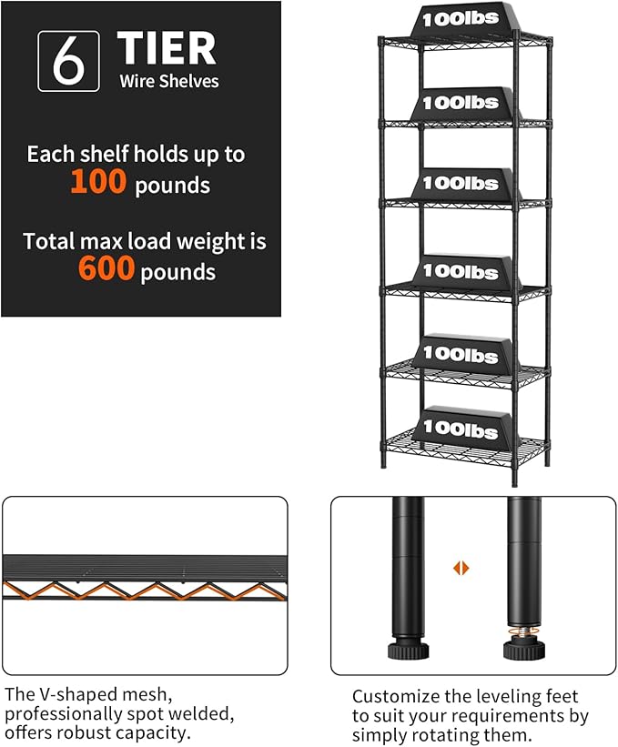 SINGAYE 6 Tier Adjustable Storage Shelf Wire Shelving Unit Metal Shelves Standing Closet Bathroom Organizers Pantry Kitchen Garage Laundry Room Organization Home Rack 12" D X 22" W X 69.5" H Black