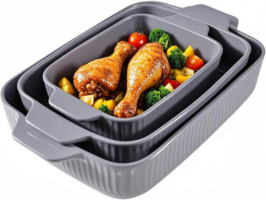 Yachi Ceramic Baking Pan Casserole Dish Set of 3 Pcs Rectangular Bakeware Set Baking Pan with Handle for Steak Beef Roast Chicken spaghetti Lasagna vegetables Microwave, Oven and Dishwasher Safe (Gray)