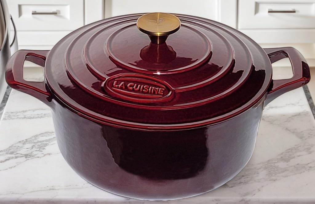La Cuisine Enameled Cast Iron Dutch Oven Casserole Pot with Lid 6.5 QT 11" /28cm Dia. Internal Matte Black Enamel Coating Gold-Plated SS Lid Handle Oven Safe up to 500° F for bread baking, Cranberry