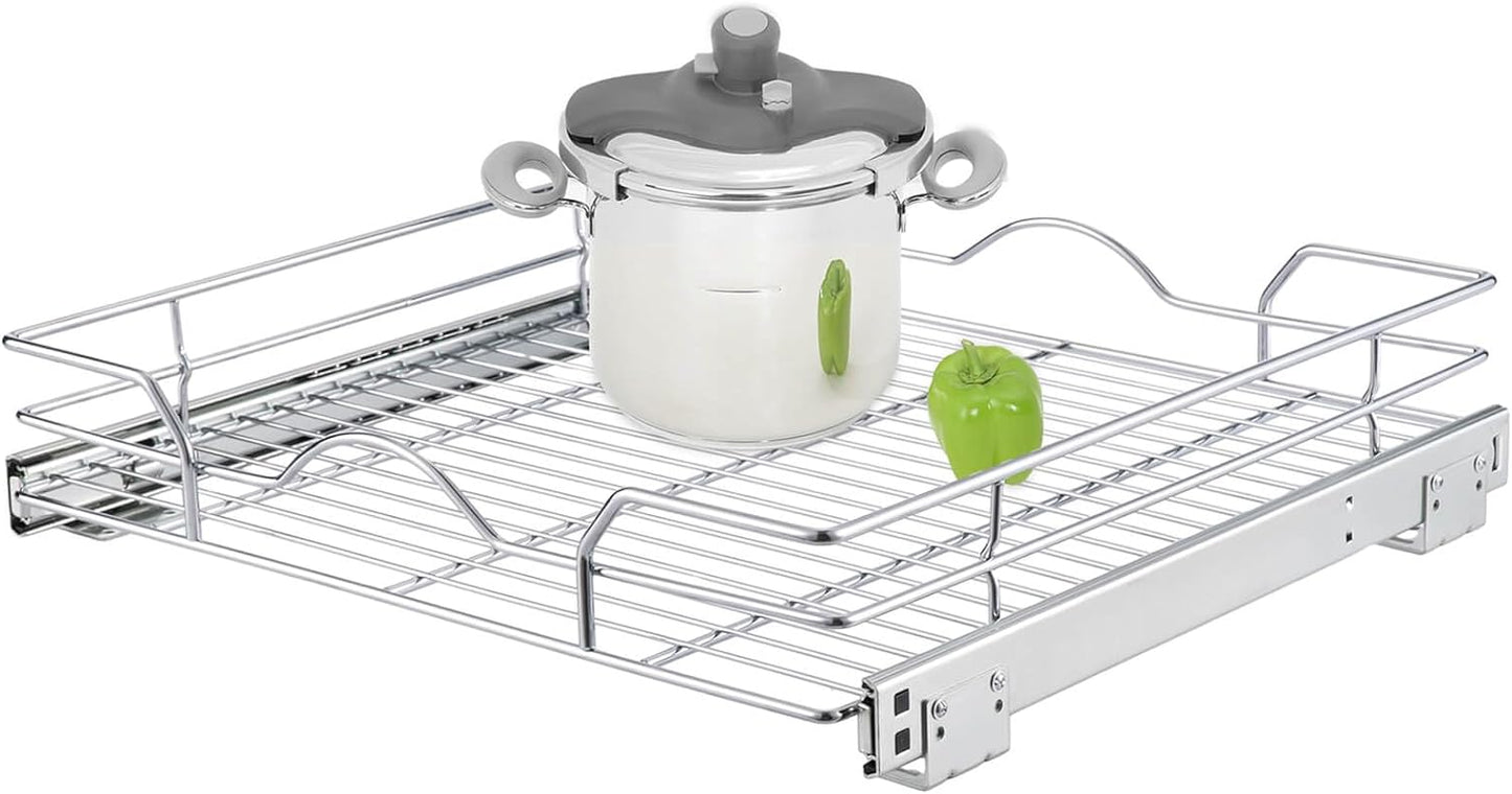 OCG Pull Out Cabinet Organizer (20.75" W x 17" D), Pull Out Shelves 1 Tier, Cabinet Slide Out Shelves for Base Cabinet Organization in Kitchen Bathroom Pantry, Bottom Mount, Chrome Finish