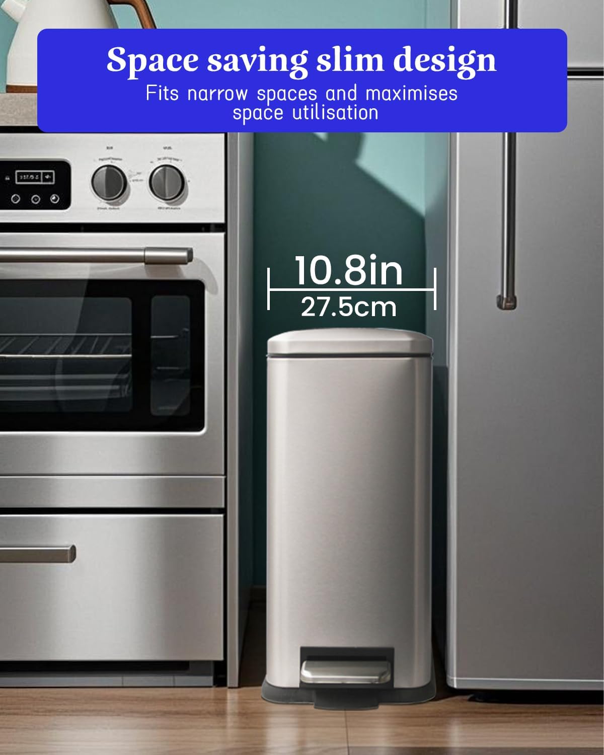 12 Gallon Slim Kitchen Trash Can, Stainless Steel Trash Can with Removal Inner Bucket and Soft-Close Lid, Pedal Garbage Can 45 Liter, Grey