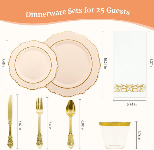 AIRE 175PCS Pink Gold Plastic Plates for Party, Dinnerware Sets for 25 Guests, Disposable Plastic Party Supplies Plates Cups Spoons Forks Knives Napkins for Wedding Birthday Baby Shower BBQ Parties