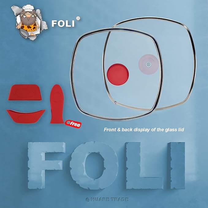 FOLI Square Glass Lid for Grill Pans with Steam Vent Hole - Fits Lodge Cast Iron Skillets 10.5inch/26.67cm Silicone Potholder- Square Tempered Glass Lid - Universal Replacement Cover Silicone Knob