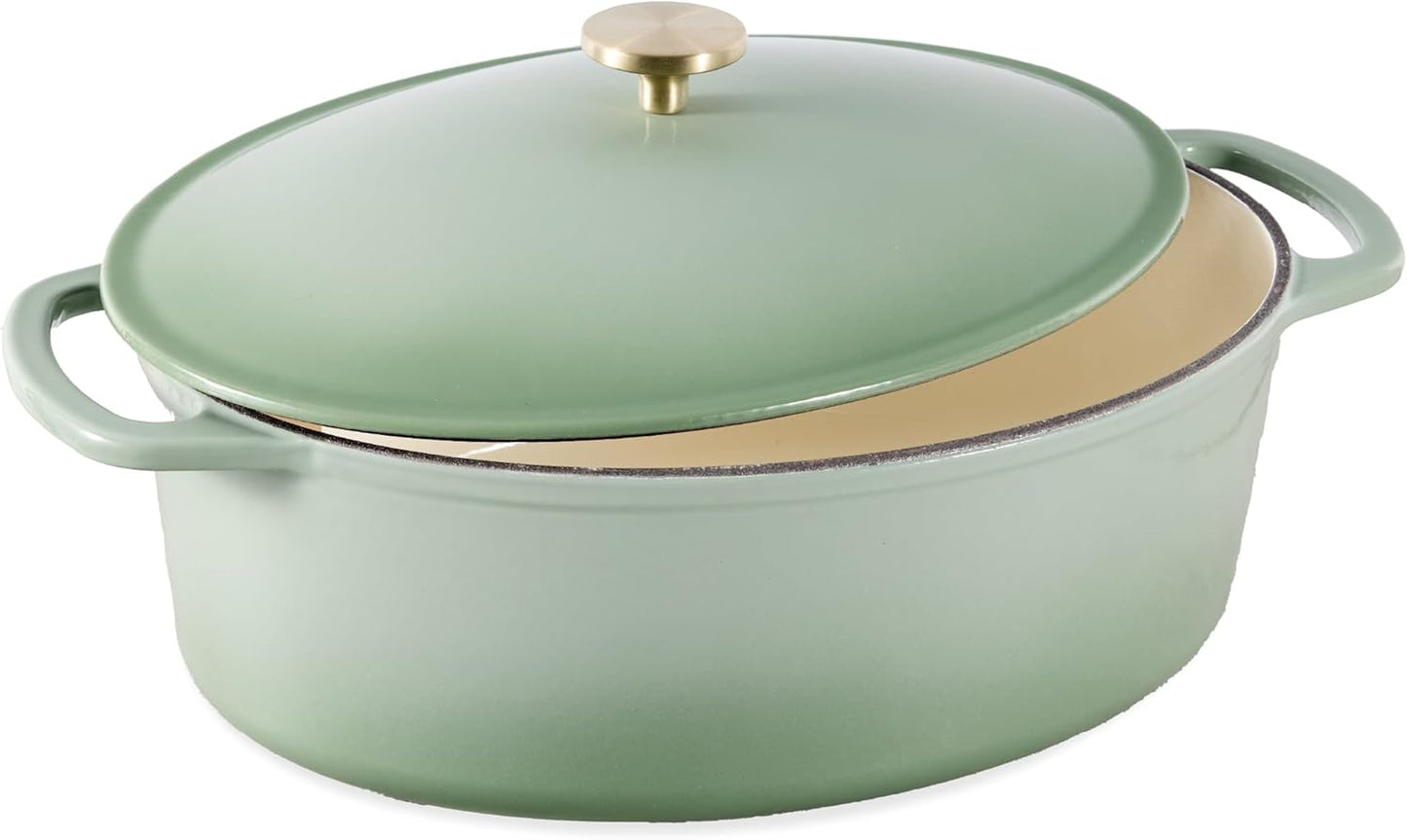 Best Choice Products Oval 7.5 Quart Enamel Cast-Iron Dutch Oven, Heavy-Duty Pre-Seasoned for Baking, Cooking w/Side Handles – Sage Green