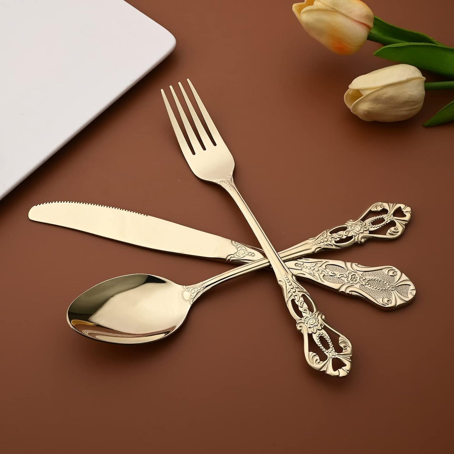 Royal 24-piece Mirror Champagne Gold Silverware Dinnerware, 18/10 Stainless Steel Luxury Flatware Service For 6 Include Knives/Forks/Spoons/Teaspoons, Dishwasher Safe