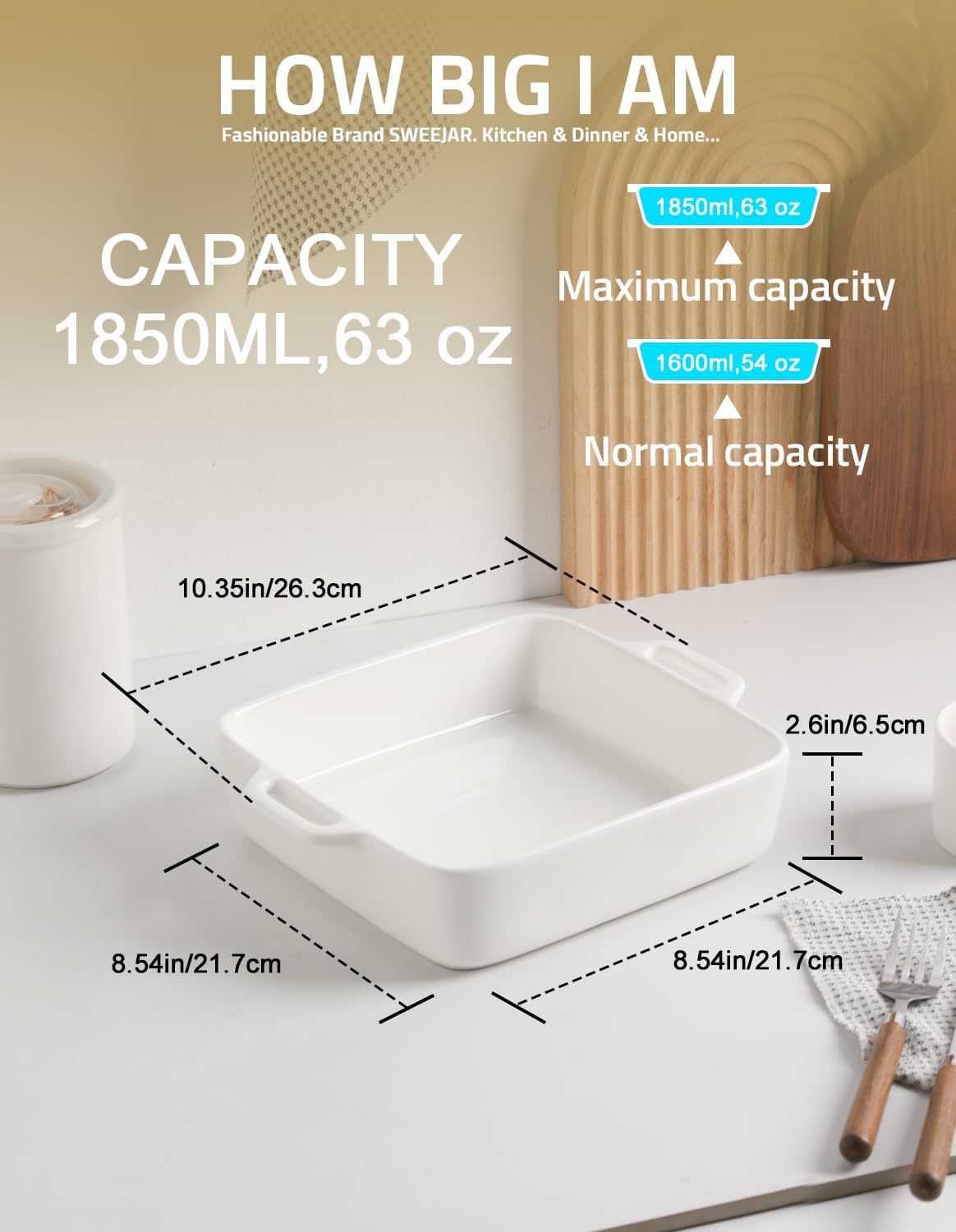 Sweejar 8x8 Baking Pan,Ceramic Casserole Dishes for Oven with Double Handles，2 QT Square Cake Baking Dish for Brownie,Lasagna,Casseroles,Family Dinner(White)