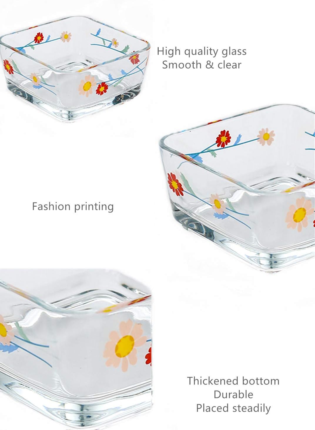 9 OZ Small Flower Candy Dish Floral Candy Bowl Cute Square Daisy Glass Bowl for Snack,Dessert,Fruit,Icecream,Yogurt,Dipping,Prep,Mini Clear Serving Bowl