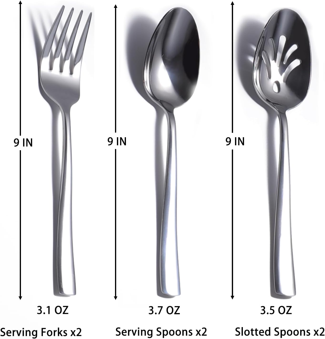 6 Piece Serving Utensils Set, Includes Serving Spoons x 2, Slotted Spoons x 2, Serving Forks x 2, Large Cutlery for Catering Buffet, Mirror Polished, Dishwasher Safe, 9 Inches