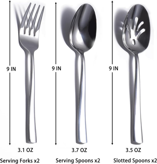 6 Piece Serving Utensils Set, Includes Serving Spoons x 2, Slotted Spoons x 2, Serving Forks x 2, Large Cutlery for Catering Buffet, Mirror Polished, Dishwasher Safe, 9 Inches