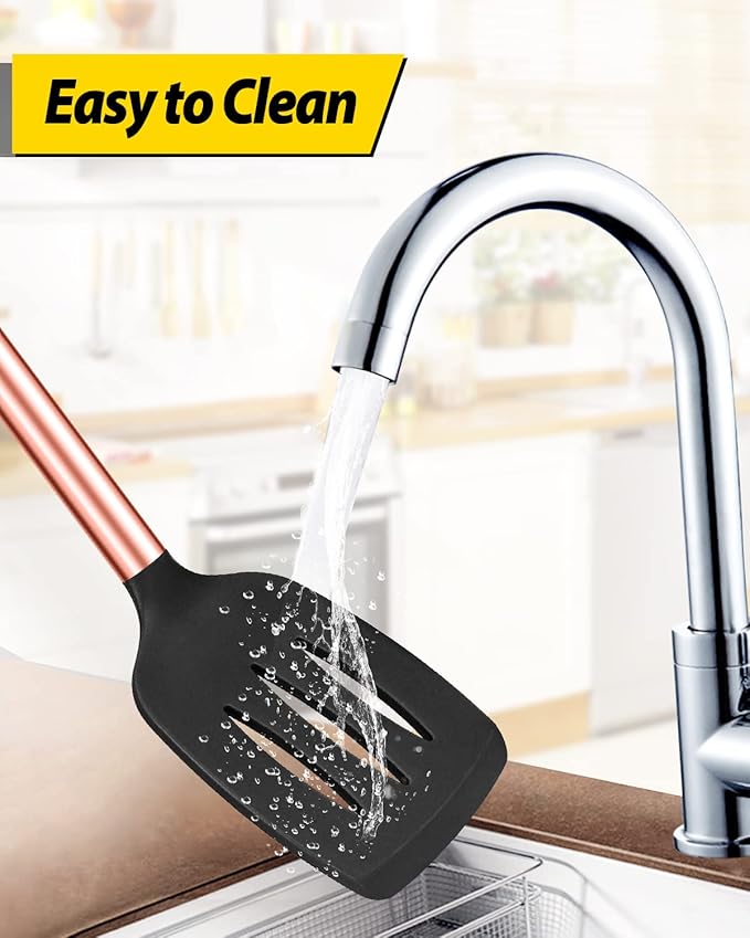 Pack of 4 Silicone Cooking Utensils Set, Non Stick Large Solid Spatulas, Heat Resistant Rose Gold Black Slotted Spoons, Ideal BPA Free Kitchen Turners for Frying, Mixing,Serving,Draining,Turning