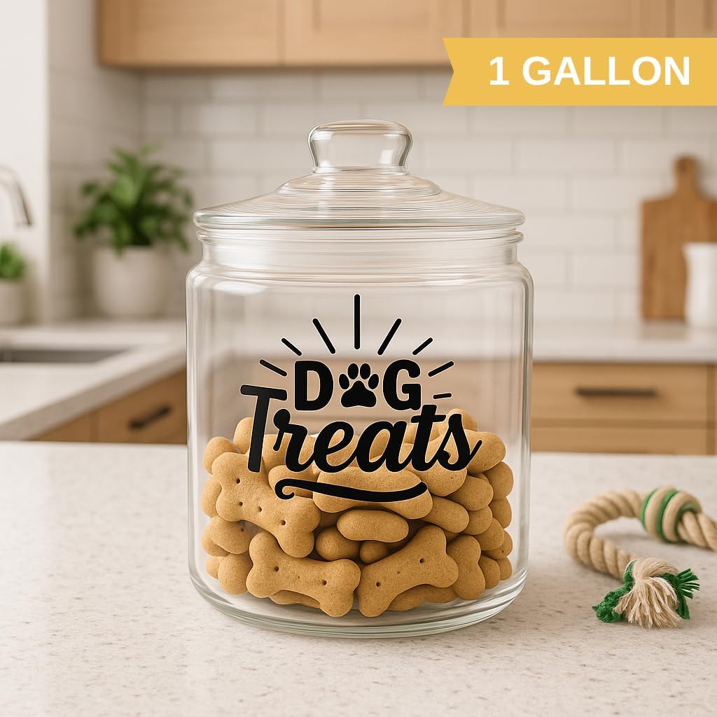 kitchentoolz 1-Gallon Glass Dog Treat Container Airtight – Large Countertop Dog Cookie Jar with Lid for Dog Treat Storage, Decorative Treat Jar & Dachshund Accessories