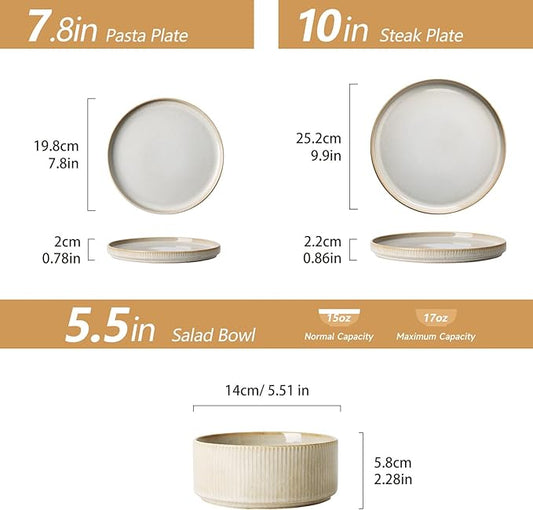 Stoneware Dinnerware Sets, Plates and Bowls Set for 4, 12-Piece Ribbed Dishes – Chip & Scratch Resistant, Microwave and Dishwasher Safe Tableware, Cream Off-White