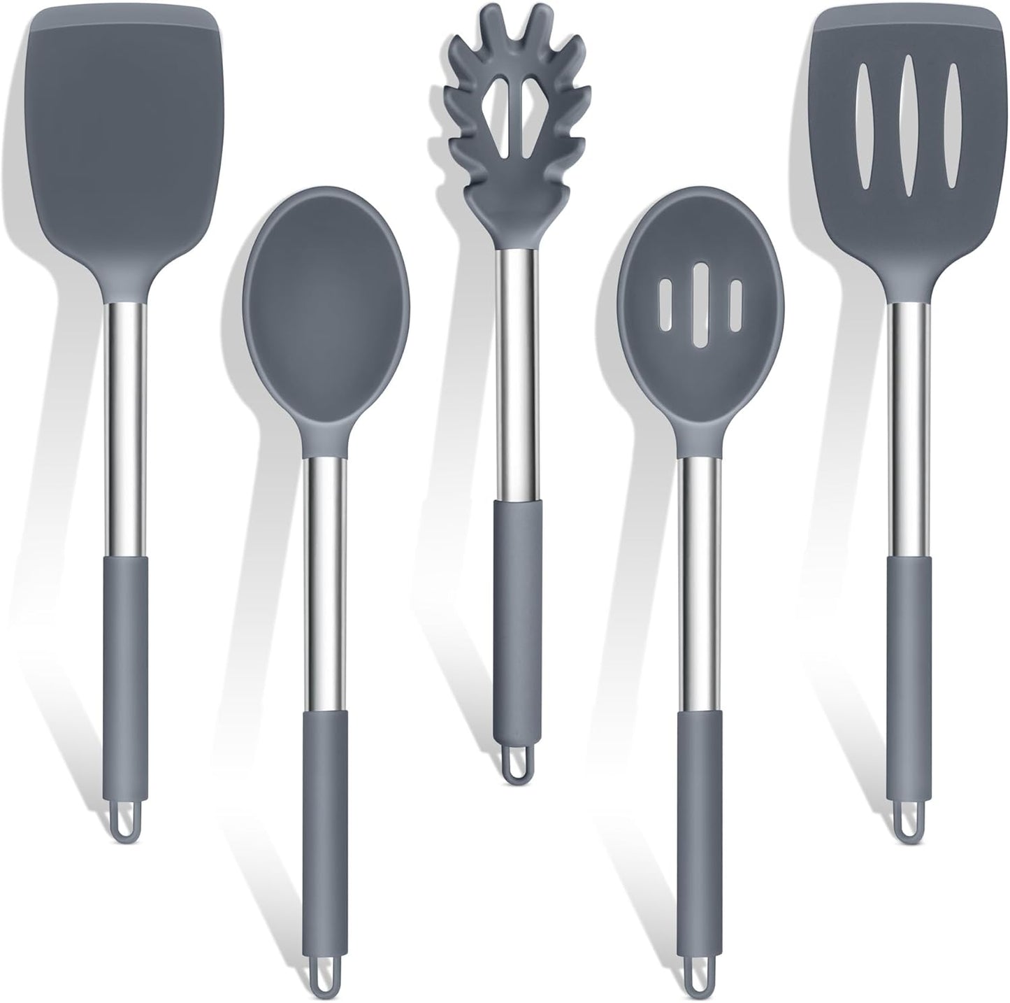 TeamFar Silicone Cooking Utensils Set, 5 PCS Heat-Proof Kitchen Utensils with Stainless Steel Handle, Turner/Spoon/Pasta Server for Nonstick Cookware Frying Flipping Draining, Light Grey