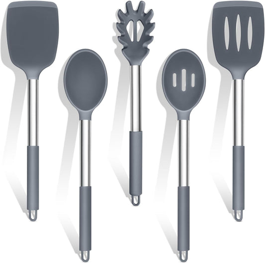 TeamFar Silicone Cooking Utensils Set, 5 PCS Heat-Proof Kitchen Utensils with Stainless Steel Handle, Turner/Spoon/Pasta Server for Nonstick Cookware Frying Flipping Draining, Light Grey
