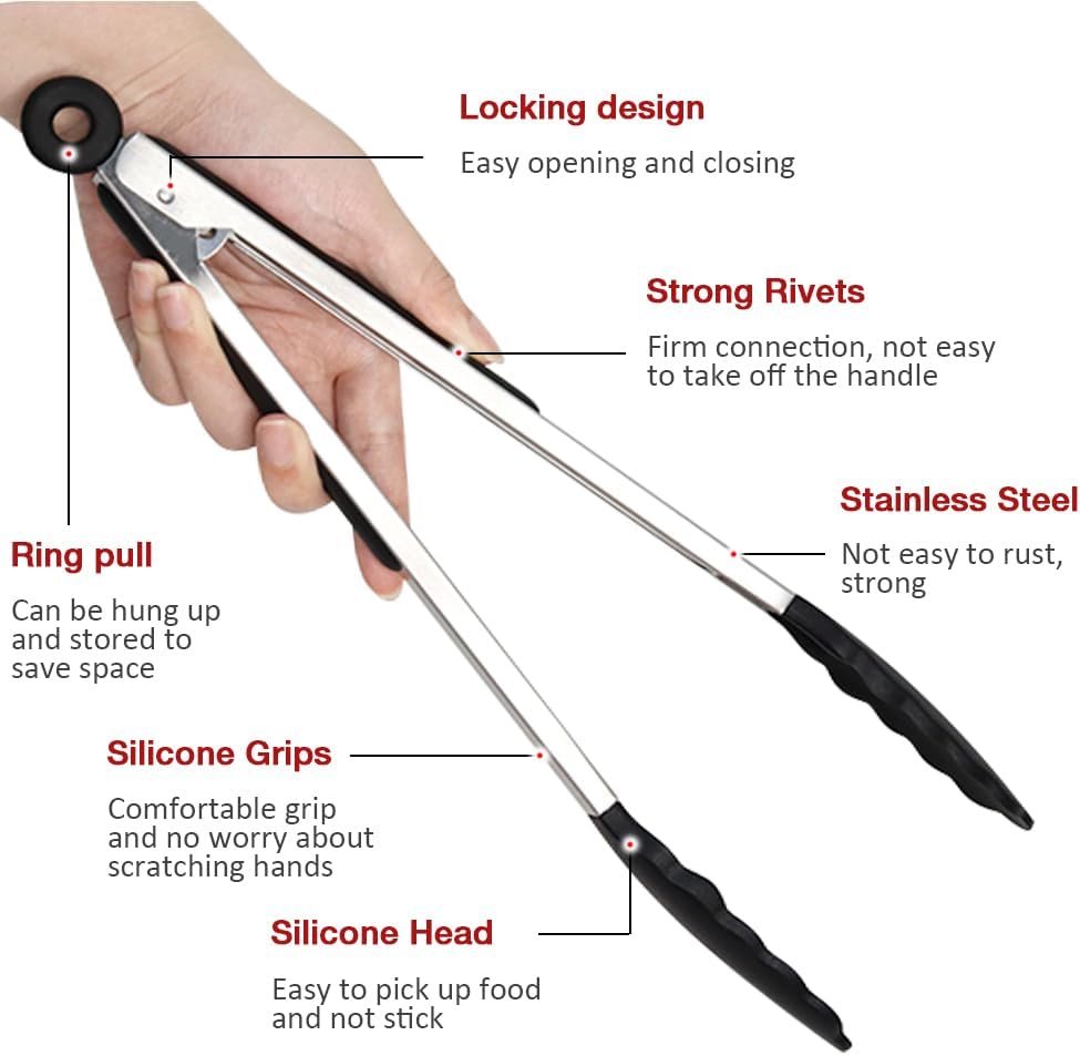 12 Inch Kitchen Tongs Set of 3, Silicone Tongs with Silicone Tips and Stainless Steel Handle, Tongs for Cooking, Baking, Grilling
