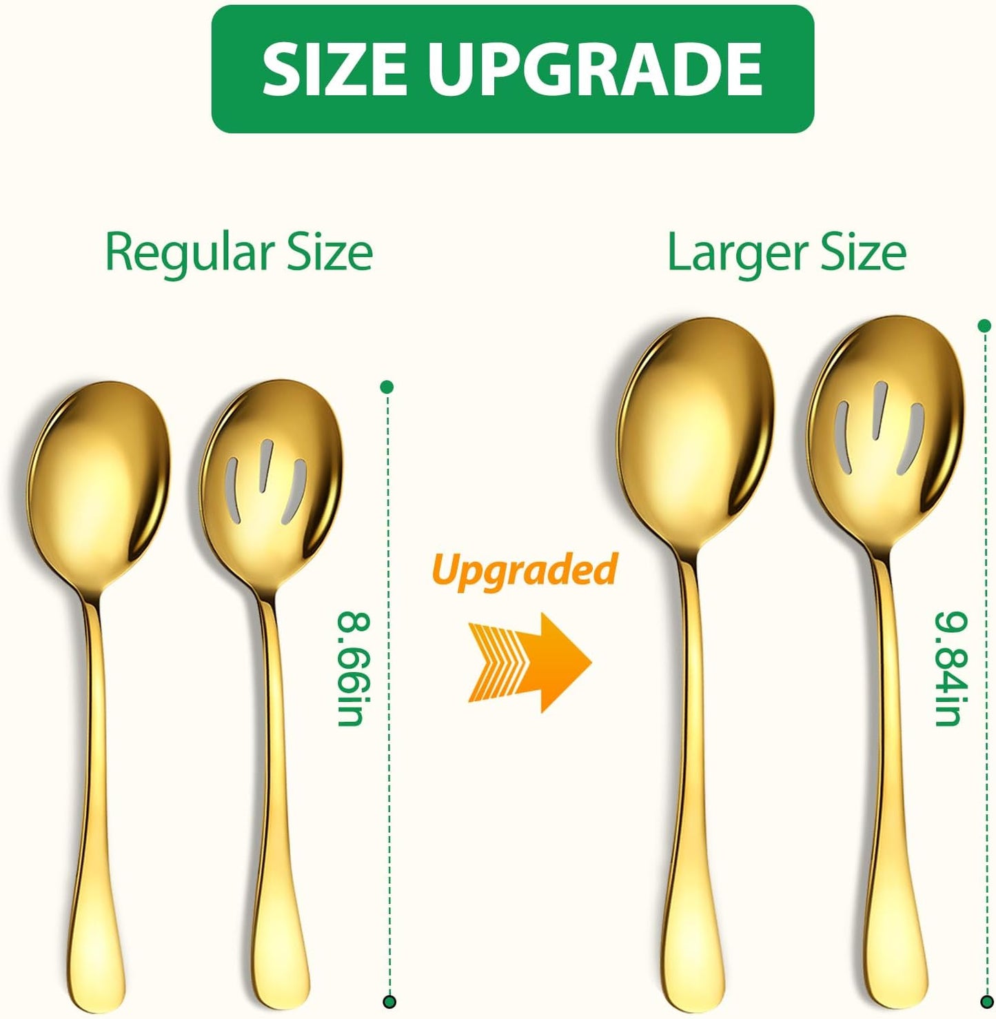 Stainless Steel Serving Spoons Set, 8pc, 10-Inch, Includes 4 Large, 4 Slotted, for Parties/Kitchen/Buffet/Catering, Dishwasher Safe, Gold