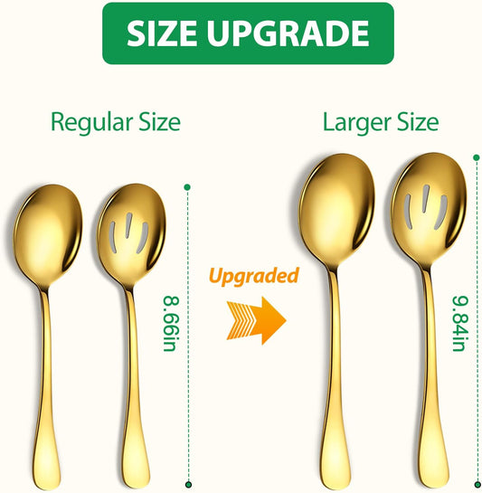 Stainless Steel Serving Spoons Set, 8pc, 10-Inch, Includes 4 Large, 4 Slotted, for Parties/Kitchen/Buffet/Catering, Dishwasher Safe, Gold