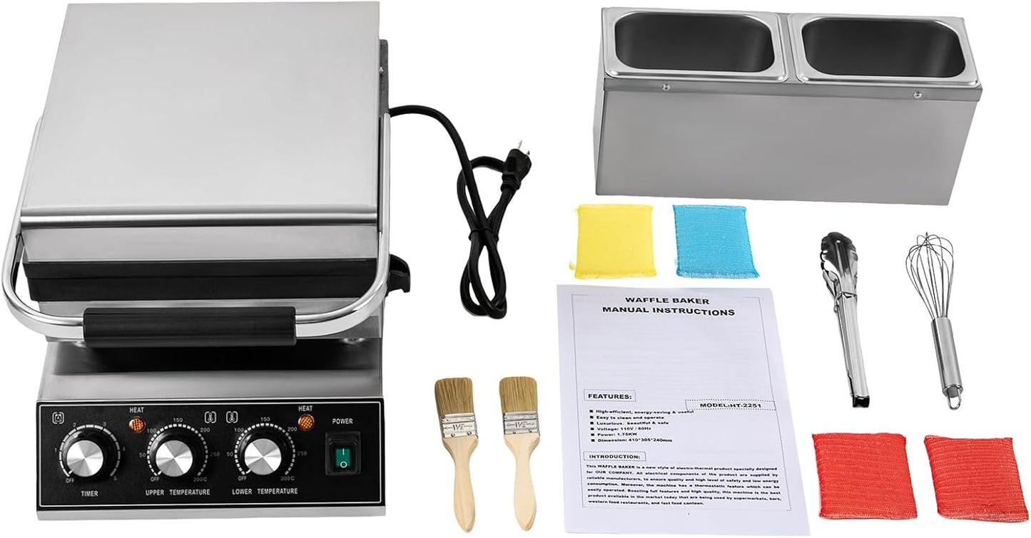 2200W Commercial Waffle Maker, Electric Square Waffle Maker Non-Stick Stainless Steel Belgian Waffle Iron w/Time & Temper Adjustable|Oil Spill Chute, Large Waffle Machine for Restaurant Party Food