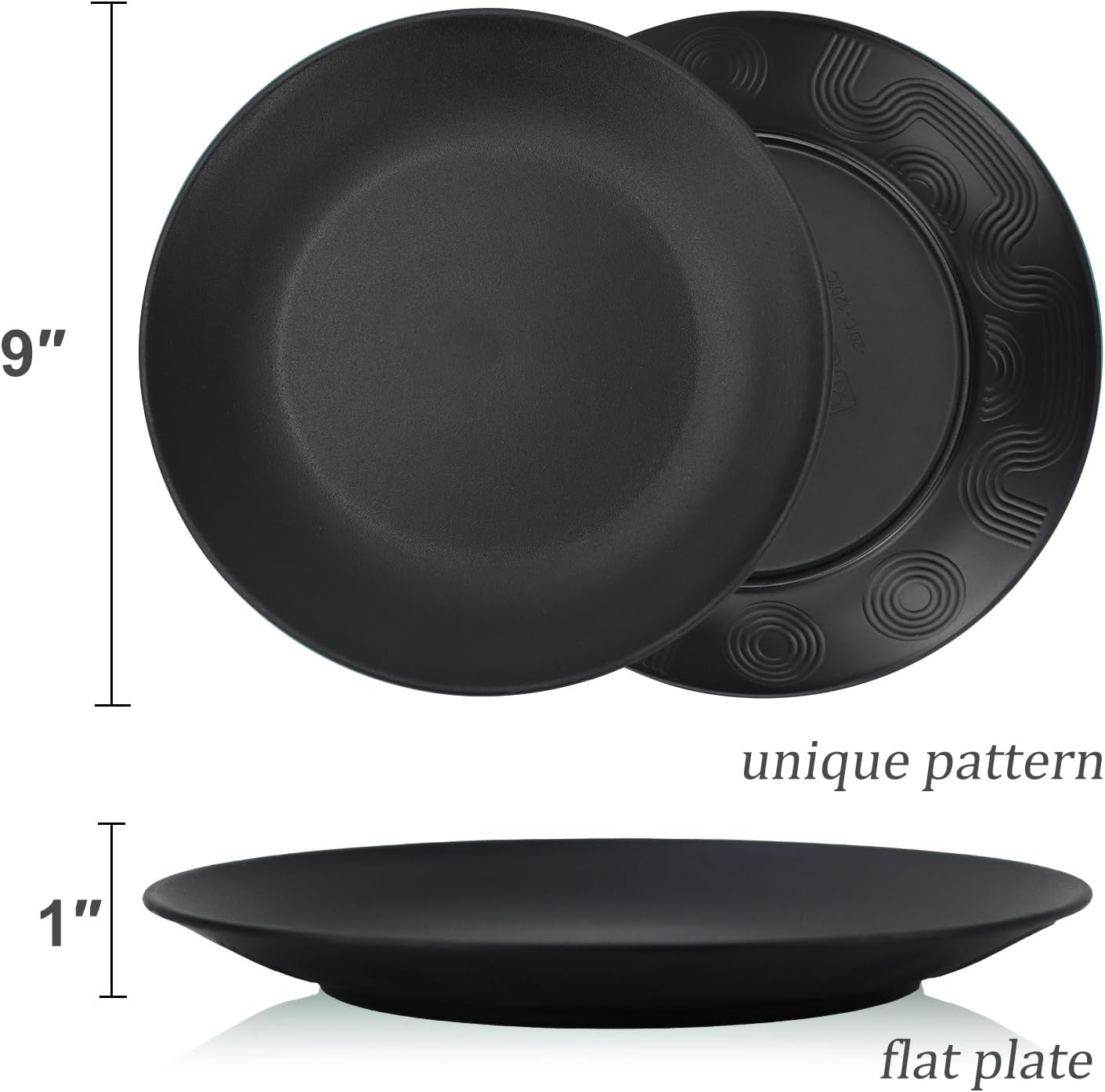 Wrova Wheat Straw Dinner Plates 9 Inch Unbreakable Set of 8 - Dishwasher & Microwave Safe Plastic Plates Reusable - Lightweight Plates for Kitchen,Camping,Apartment,Dorm,RV - Pure Black