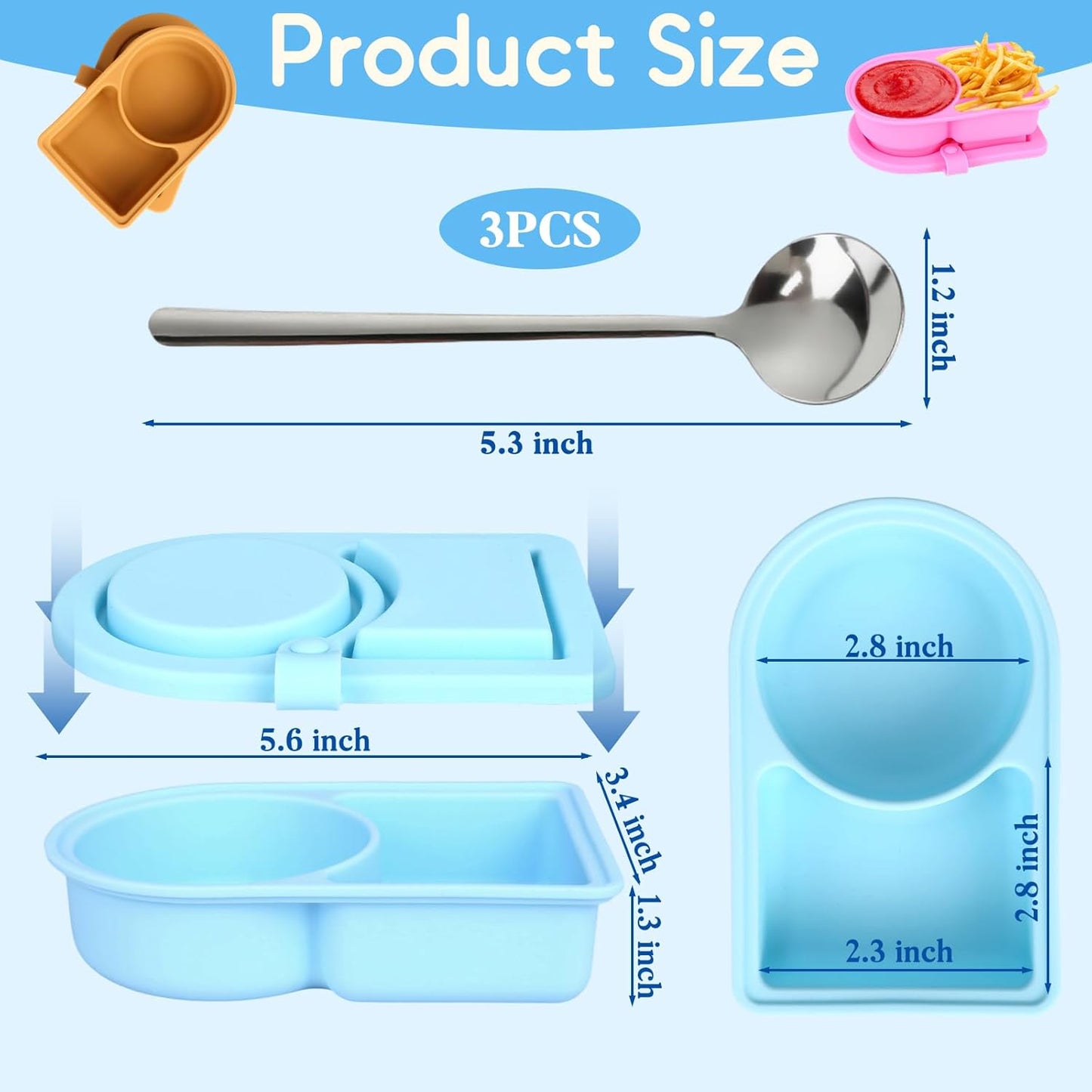 3 Pcs Silicone Snack Containers with Lids, Double Compartment Reusable Snack Containers with Lids and Spoons, Silicone Snack Container Small Mini Food Snack Boxes for Seasoning Salad Sauce