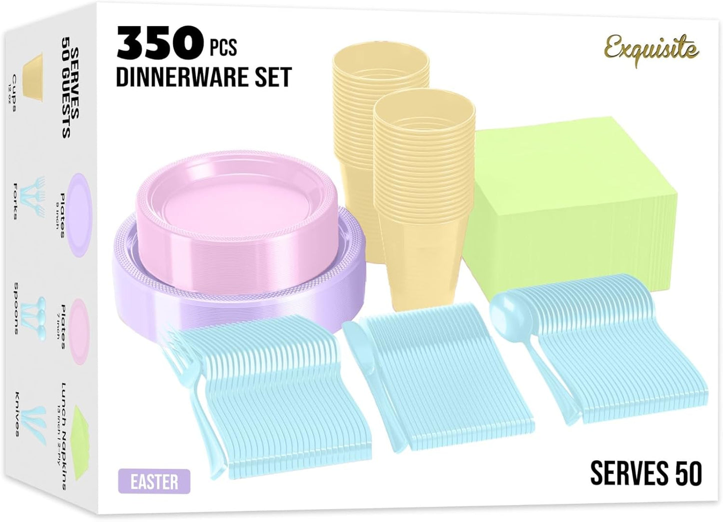 Party Solids 350 Pieces Easter Plates For Party, Easter Disposable Plates Set, 50 Of Each 9" Dinner Plate Set, 7" Dessert Plate, Cups, Napkins & Cutlery Plastic Dinnerware