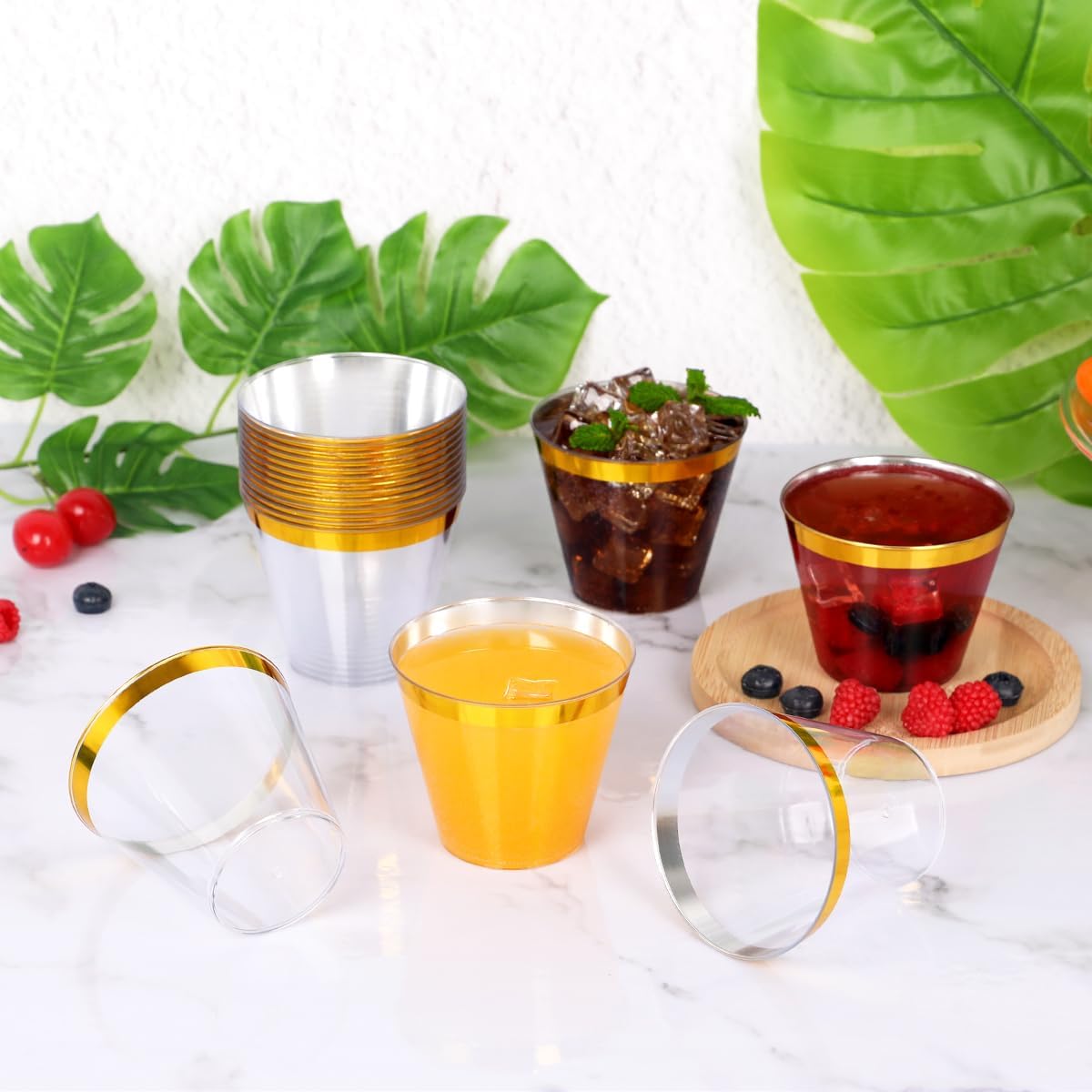 100 Pcs Gold Plastic Cups,9Oz Gold Rimmed Plastic Cups,Heavy Duty Gold Rim Clear Disposable Plasitc Cocktail Tumblers Wine Cup for Party,Wedding,Birthday,Christmas