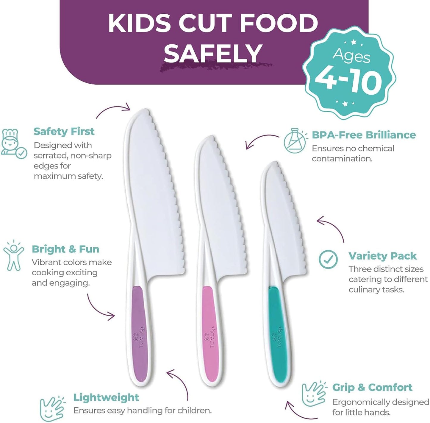 Tovla Jr. Kid Safe Knife Set for Real Cooking | 3-Piece Toddler Kitchen Knives | Montessori & STEM Cooking Tools Ages 4–12 | BPA-Free, Dishwasher-Safe | Christmas, Birthday & Stocking Stuffer Gift