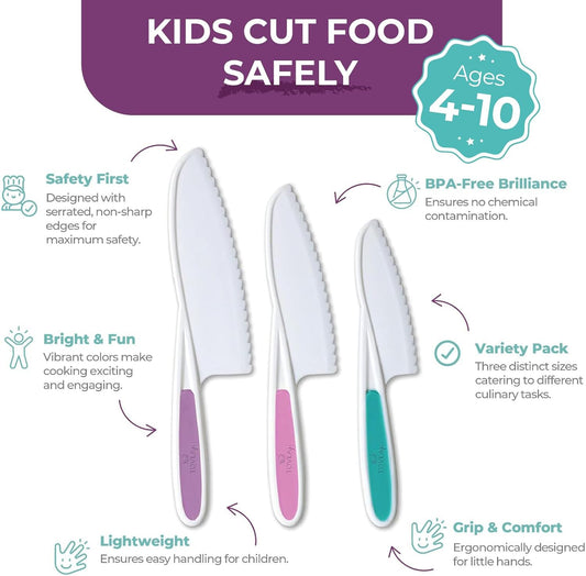Tovla Jr. Kid Safe Knife Set for Real Cooking | 3-Piece Toddler Kitchen Knives | Montessori & STEM Cooking Tools Ages 4–12 | BPA-Free, Dishwasher-Safe | Christmas, Birthday & Stocking Stuffer Gift