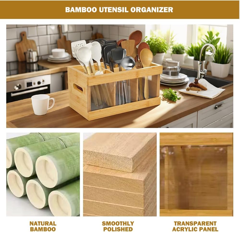 Utensil Holder for Kitchen Counter,Large Utensil Holder with Absorbing Drying Stone Mat,Bamboo Utensil Organizer with 6 Compartments,Silverware Caddy&Cooking Utensil Organizer for Kitchen Decor
