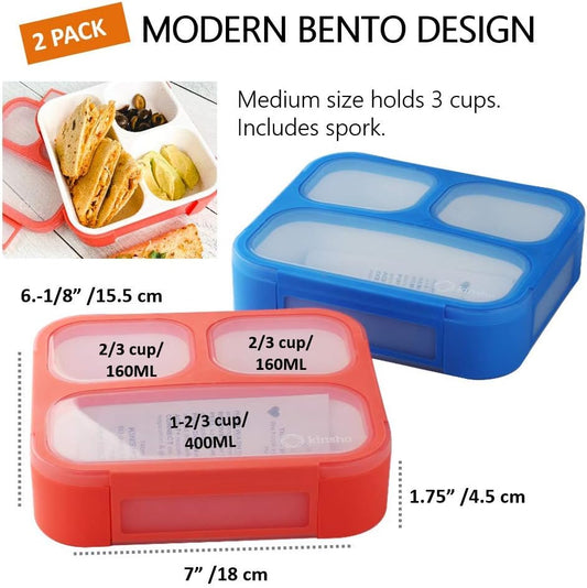 kinsho Bento Boxes for Kids, Lunch Box Set for Boys Girls Kids Adults, Leakproof 3 Compartment Containers for Meal or Snack for Pre-School Travel Work, BPA Free. Blue Orange 2 Pack Medium - Small