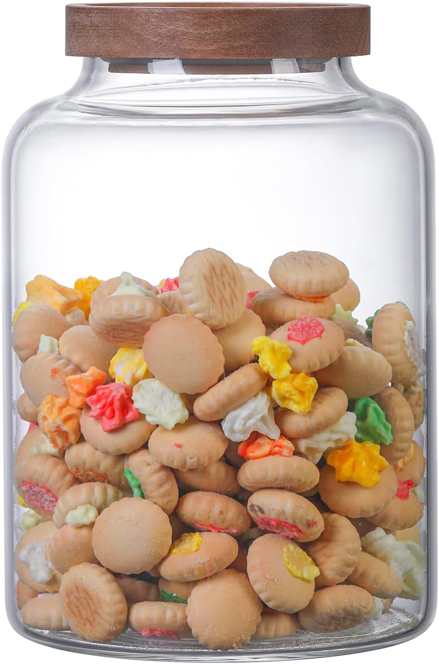 Large Glass Jar with Wooden Lid Glass Sugar Containers Kitchen Canisters Pantry Glass Food Storage Container for Candy Coffee Bean Cereal Flour Cookies