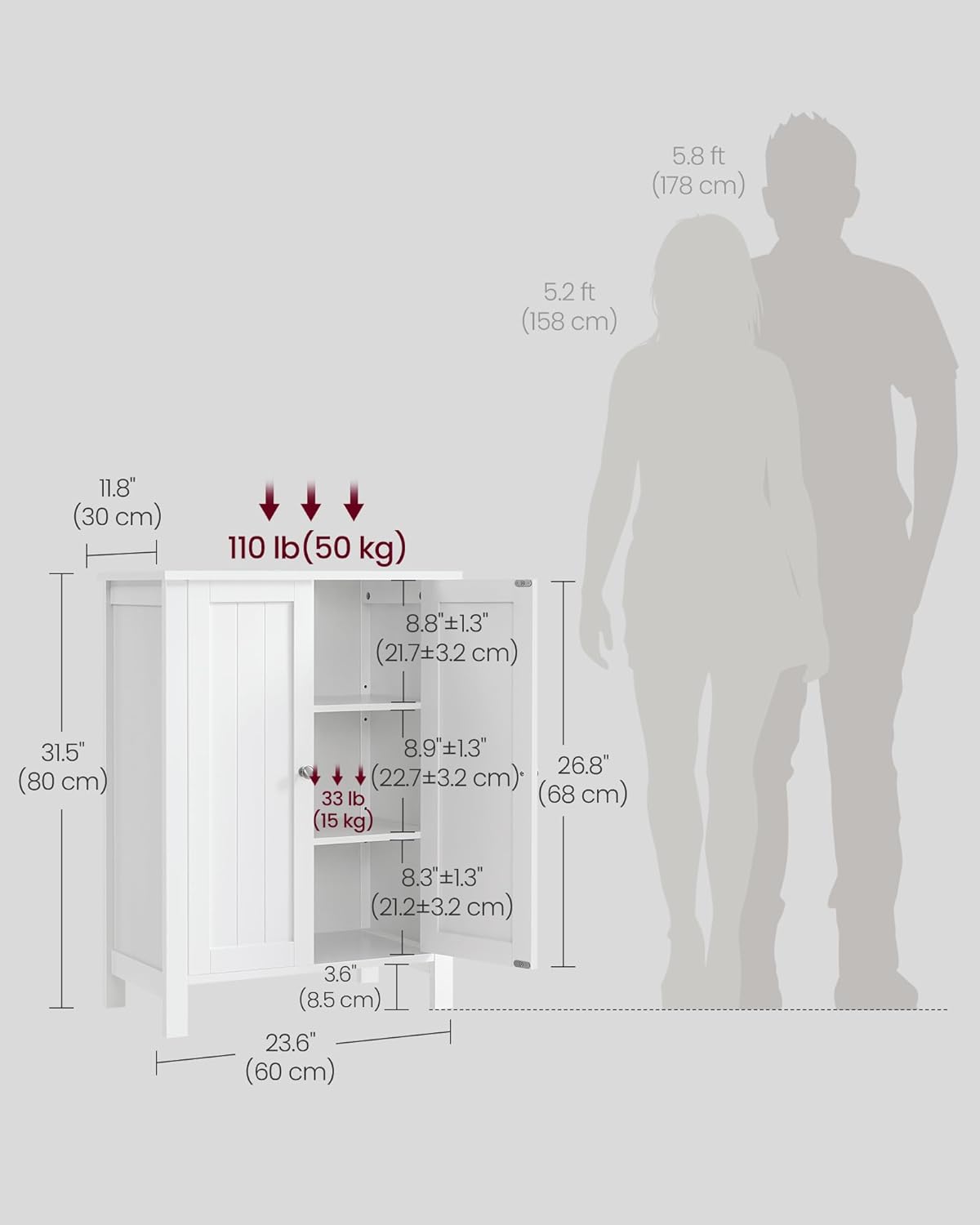 VASAGLE Floor Storage Cabinet, Freestanding Storage Unit with 2 Adjustable Shelves, for Bathroom Living Room Dining Kitchen, 11.8 x 23.6 x 31.5 Inches, White UBCB60W