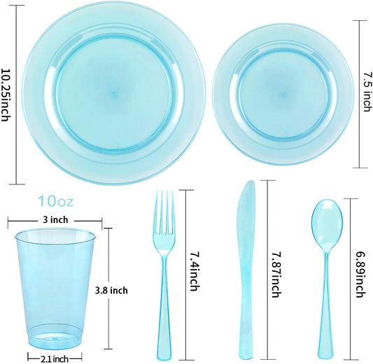 WDF 25 Guest Blue Plates with Disposable Silverware&Blue Cups-Neon Clear Plastic Dinnerware include 25 Dinner &Salad Plates,25Forks, 25 Knives, 25 Spoons,25 Cups for Graduation