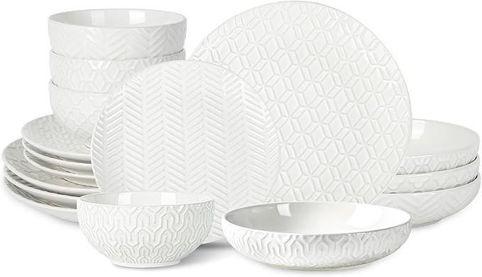 Sureasy Ceramic Dinnerware Set for 4-16 Pieces Embossed Plates and Bowls Sets, Scratch Resistant Dish Set, Microwave, Oven & Dishwasher Safe, White