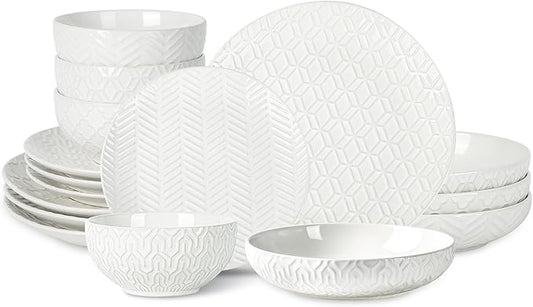 Sureasy Ceramic Dinnerware Set for 4-16 Pieces Embossed Plates and Bowls Sets, Scratch Resistant Dish Set, Microwave, Oven & Dishwasher Safe, White