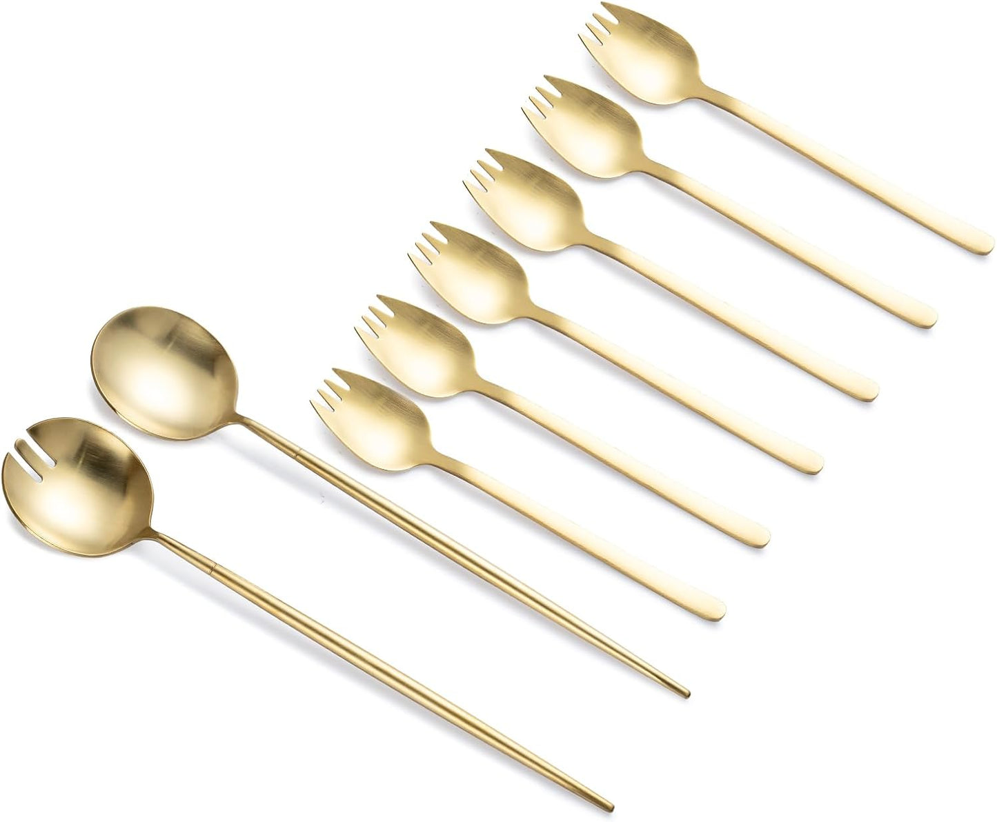 8-Piece Gold Salad Serving Set - 11.4 inch Stainless Steel Spoon & Fork with 6 Salad Forks, Titanium Plating, Dishwasher Safe for Entertaining, Parties