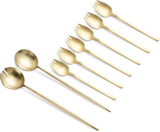 8-Piece Gold Salad Serving Set - 11.4 inch Stainless Steel Spoon & Fork with 6 Salad Forks, Titanium Plating, Dishwasher Safe for Entertaining, Parties