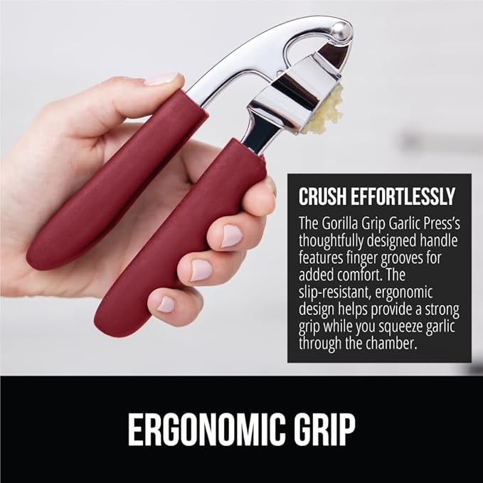 GORILLA GRIP Garlic Press and Peel Set, Heavy Duty Mincer Tool, Easily Mince and Crush Garlics, Ginger, Nuts, Seeds, Large Ergonomic Handle, Peeler Included, Peeling Cloves, Kitchen Gadgets, Red