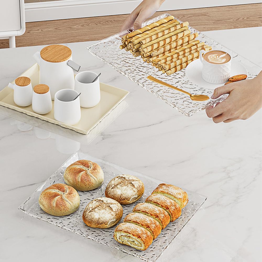 Countertop Crystal Fruit Tray,Plastic Clear Reusable Serving Trays,Rectangular Ripple Decorative Bowl for Ice Cream Candy Nut Fruits Display