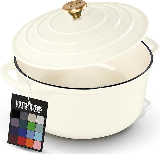 Zulay Kitchen 5 Quart Enameled Cast Iron Dutch Oven Pot with Lid – Premium Durability & Oven Safe up to 500°F – Heavy Duty Cookware Perfect for Bread Baking, Stews, Braising & Roasting – Ivory