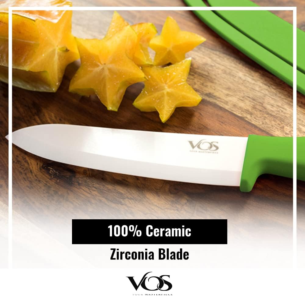 Vos Ceramic Knife Set with Peeler, Ceramic Knives Set For Kitchen, Ultra Sharp Kitchen Knife Set with Covers, 3" 4" 6" Paring, Utility & Chef Knife, Lightweight, Dishwasher safe (Multi-Color Handle)