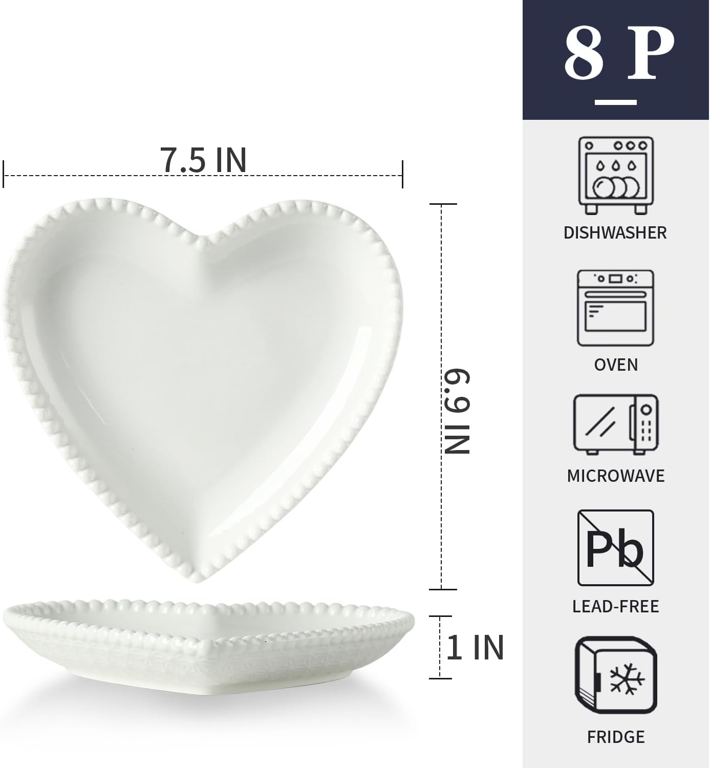 7.5 Inch Porcelain Appetizer Plates Set of 8, Heart Shape Small Dinner Plates, Dessert Salad Plates Serving Dishes for Cake, Snack, Ice Cream, Waffles, Microwave, Oven, Dishwasher Safe, White