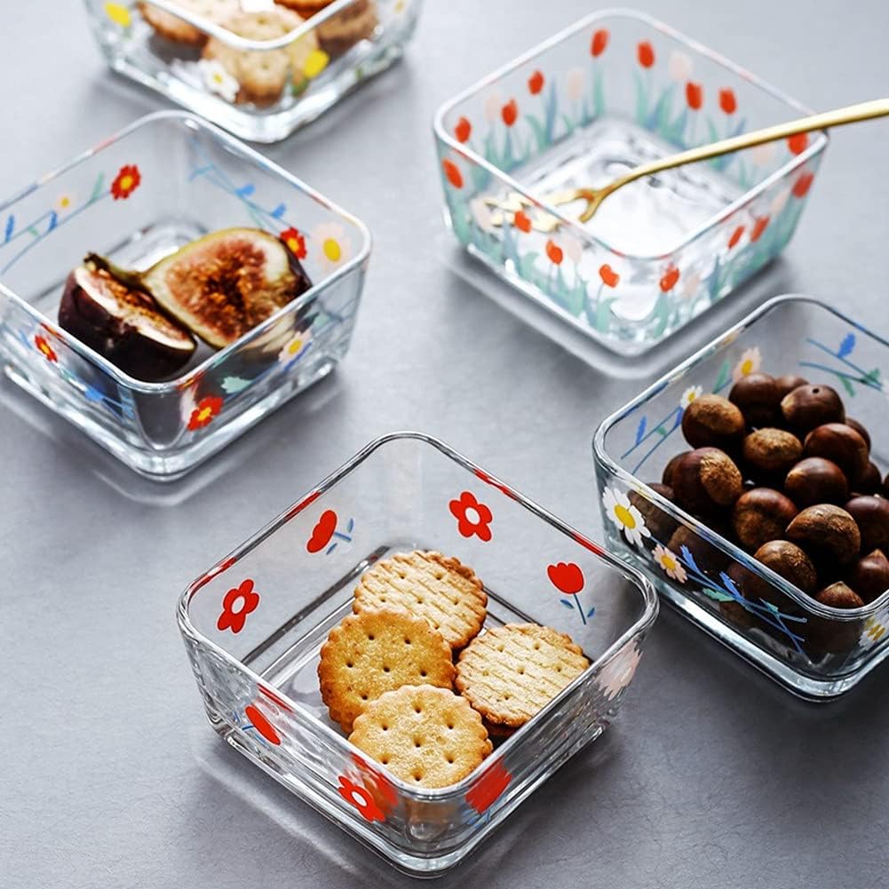 9 OZ Small Flower Candy Dish Cute Floral Candy Bowl Mini Square Glass Bowl for Dessert,Snack,Fruit,Icecream,Yogurt,Dipping,Prep,Clear Serving Bowl